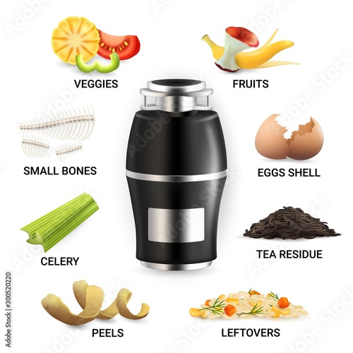 Food waste disposer and kitchen scraps, vector isolated illustration