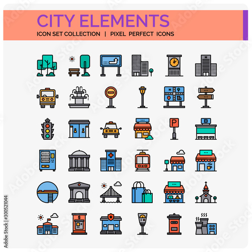 City Element Icons Set. UI Pixel Perfect Well-crafted Vector Thin Line Icons. The illustrations are a vector.