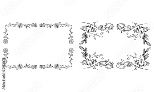 Tropical hand drawn floral frames. Outline set. Jungle foliage illustration. Floral set. Hand drawing. Vector isolated collection. Natural spring wedding card. Summer tropical leaf. Botanical frames