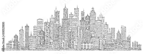 Modern City skyline, highly detailed hand drawn vector illustration