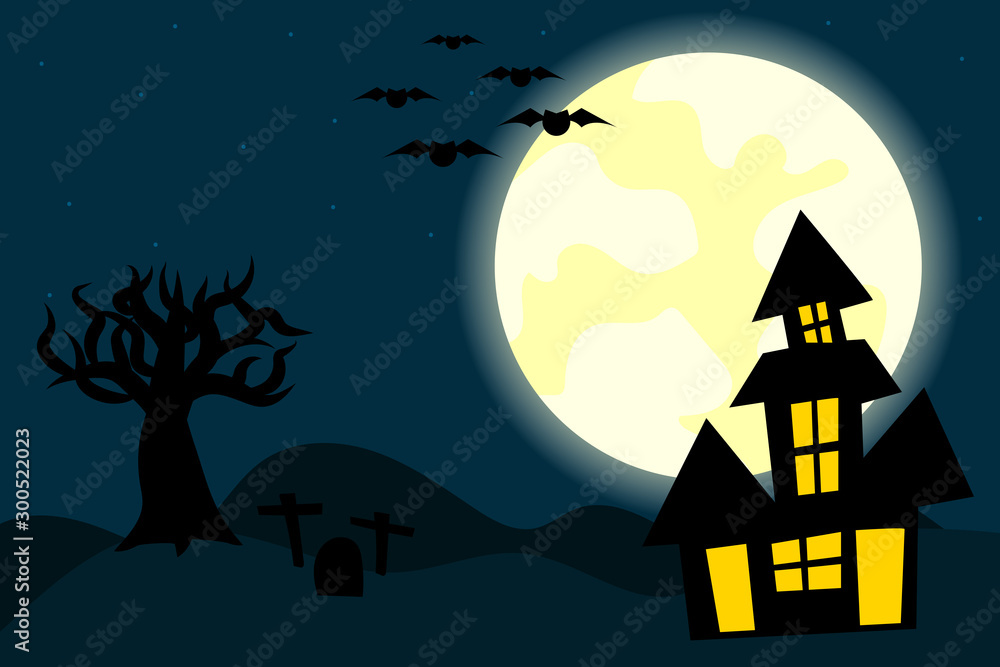 Halloween night background with bright full moon