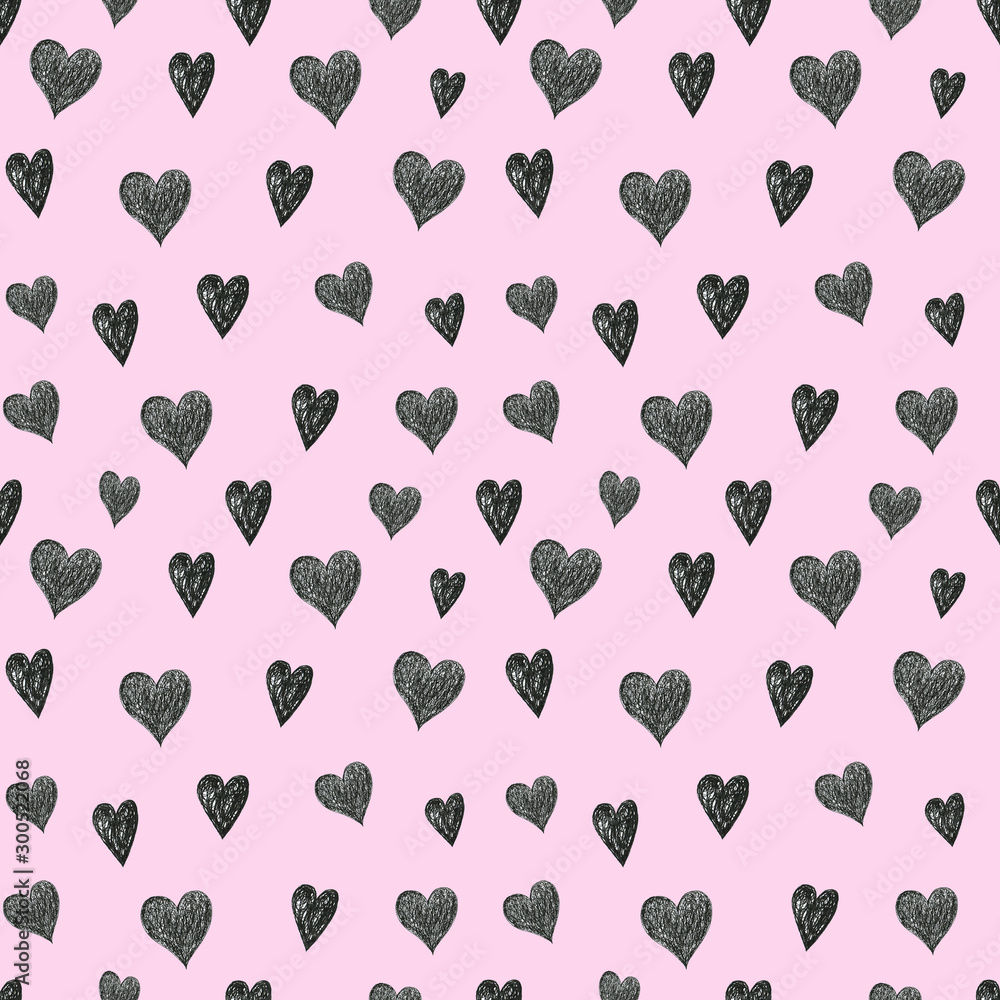 Valentines day hand drawn seamless pattern on white background. Black texture hearts. Pink background. Perfect for wrapping papper, covers, school supplies. Valentines day hand drawn seamless pattern on white background. Black texture hearts. Pink background. Perfect for wrapping papper, covers, school supplies.