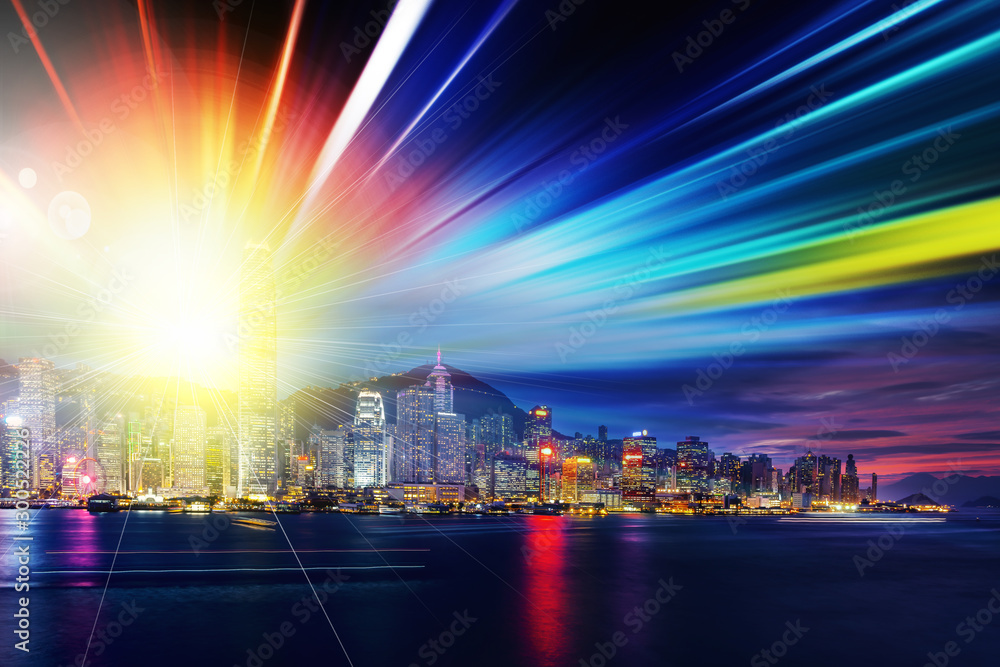 Obraz premium Abstract colorful circular bokeh with city background. Double exposure