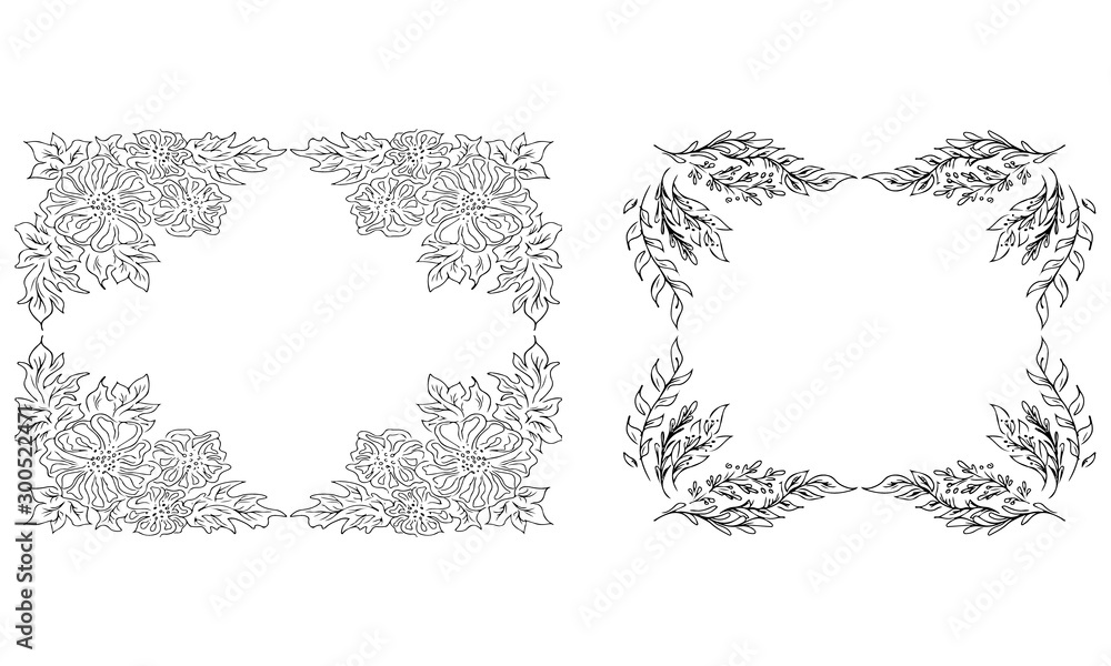 Tropical hand drawn floral frames. Outline set. Jungle foliage illustration. Floral set. Hand drawing. Vector isolated collection. Natural spring wedding card. Summer tropical leaf. Botanical frames Tropical hand drawn floral frames. Outline set. Jungle foliage illustration. Floral set. Hand drawing. Vector isolated collection. Natural spring wedding card. Summer tropical leaf. Botanical frames