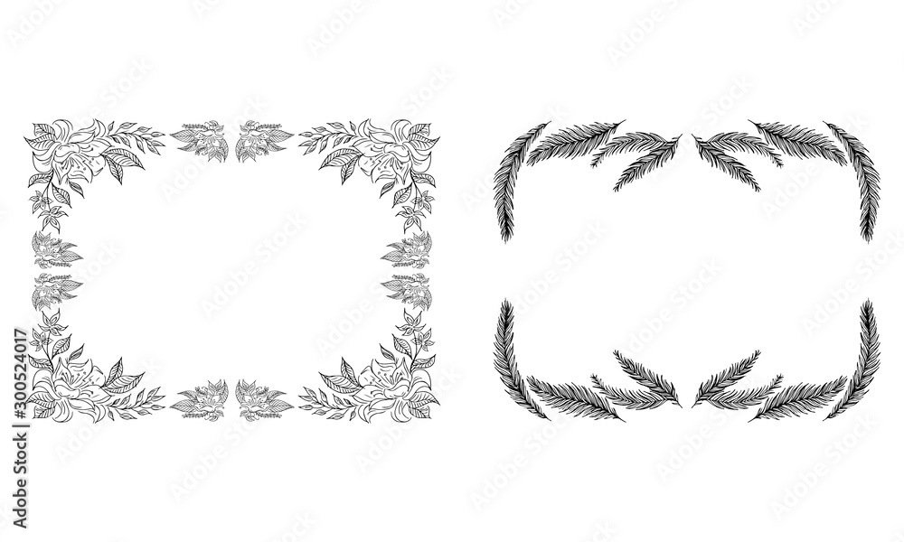 Tropical hand drawn floral frames. Outline set. Jungle foliage illustration. Floral set. Hand drawing. Vector isolated collection. Natural spring wedding card. Summer tropical leaf. Botanical frames Tropical hand drawn floral frames. Outline set. Jungle foliage illustration. Floral set. Hand drawing. Vector isolated collection. Natural spring wedding card. Summer tropical leaf. Botanical frames