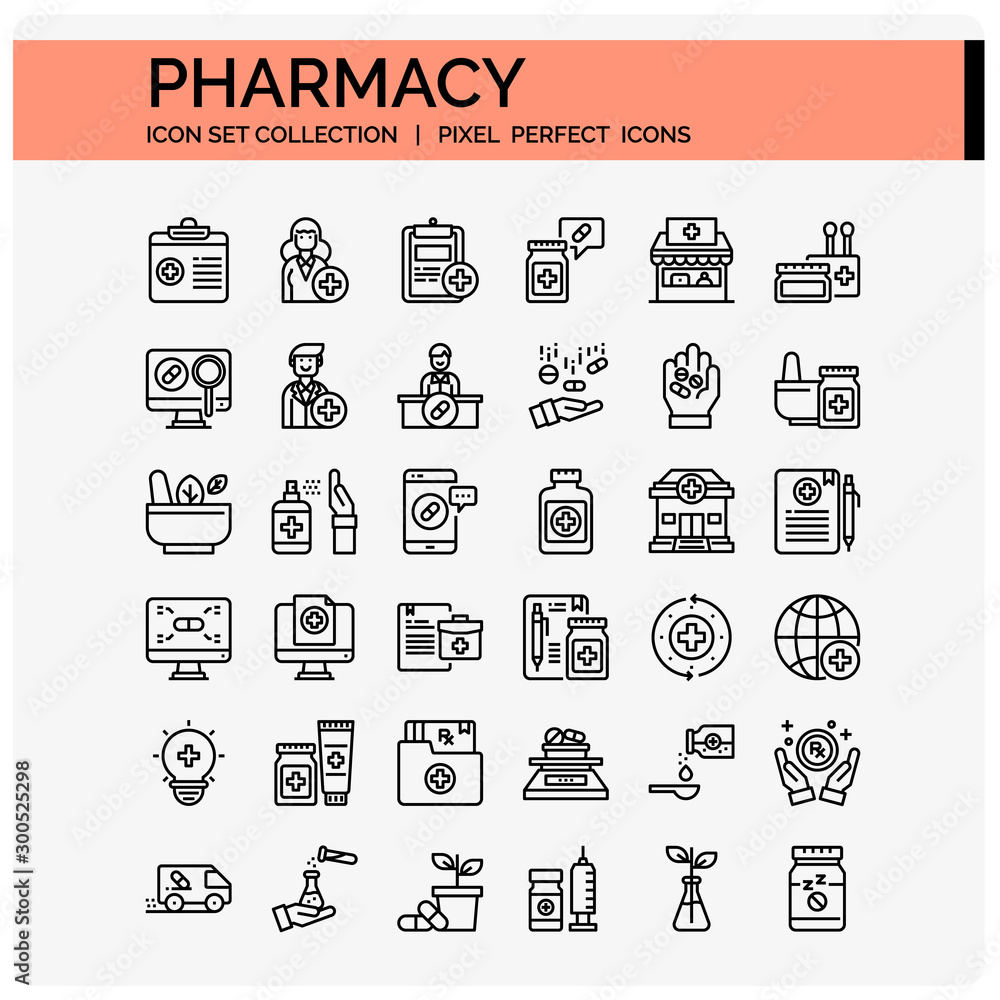 Pharmacy Icons Set. UI Pixel Perfect Well-crafted Vector Thin Line Icons. The illustrations are a vector.