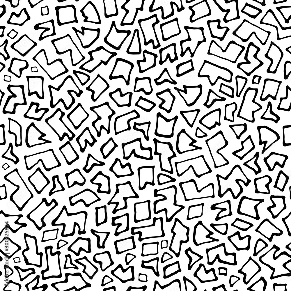 Abstract white background with chaotic uneven black parts. Seamless mosaic in Doodle style. Geometric irregular pattern pieces fill the entire space. Printing on fabric, background website, cover art Abstract white background with chaotic uneven black parts. Seamless mosaic in Doodle style. Geometric irregular pattern pieces fill the entire space. Printing on fabric, background website, cover art