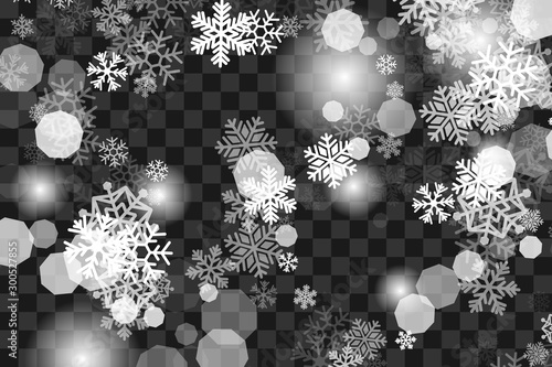 Snowfall transparent decoration texture. Vector background with flying snowflakes and lights.