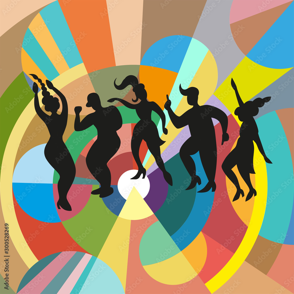 Vector image of men and women at the party. Silhouettes on a black background