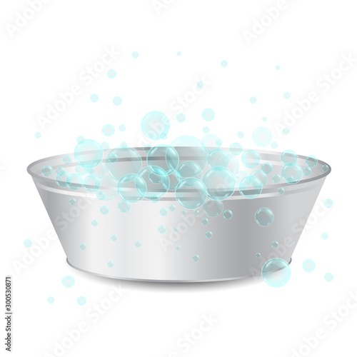 vector realistic metal bowl or basin for washing with soap bubbles isolated on white background. Laundry concept. 3D illustration.