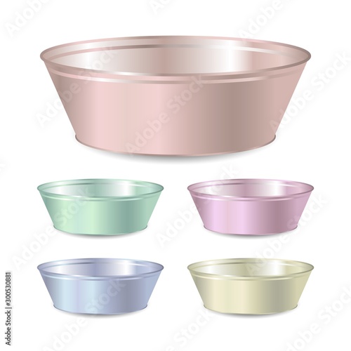 Set of vector color realistic metal empty bowl or basin for washing isolated on white background. 3D illustration.