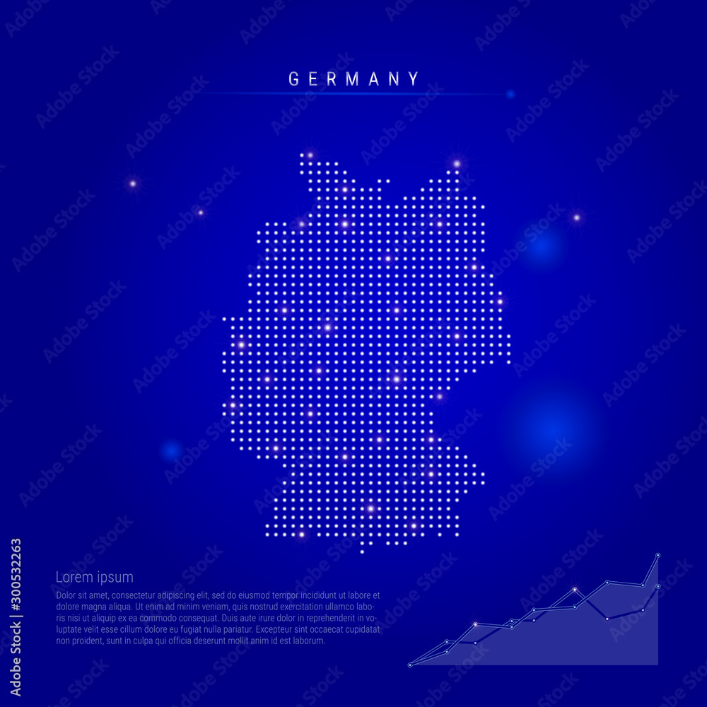 Germany illuminated map with glowing dots. Dark blue space background. Vector illustration