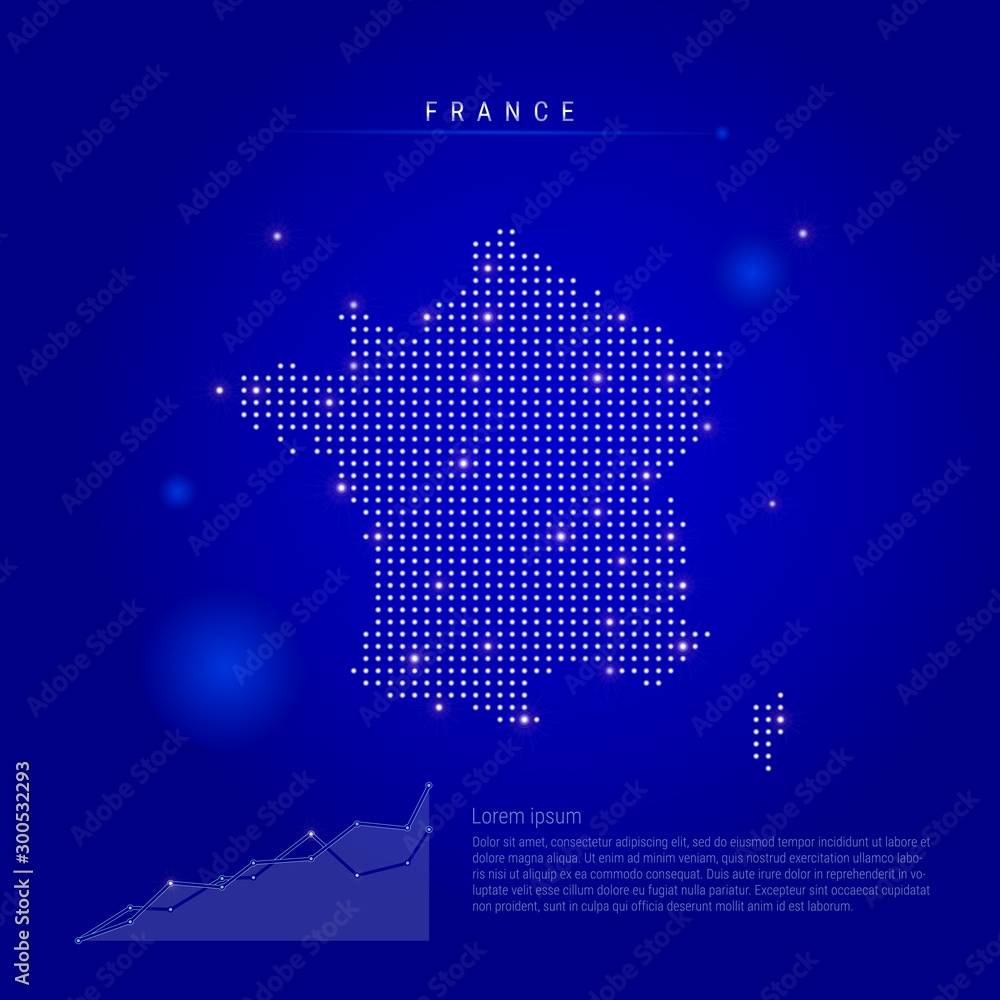 France illuminated map with glowing dots. Dark blue space background. Vector illustration