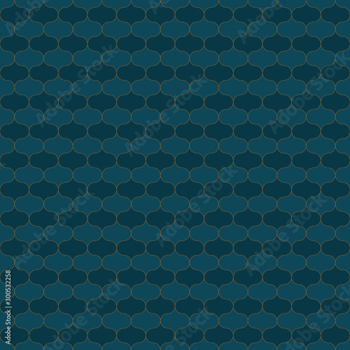 A seamless vector pattern with dark teal ornament with golden outlines. Surface print design.