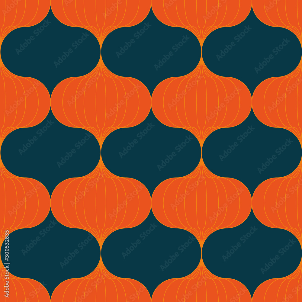 Fototapeta premium A seamless vector pattern with orange lantern on a dark teal background. Surface print design.
