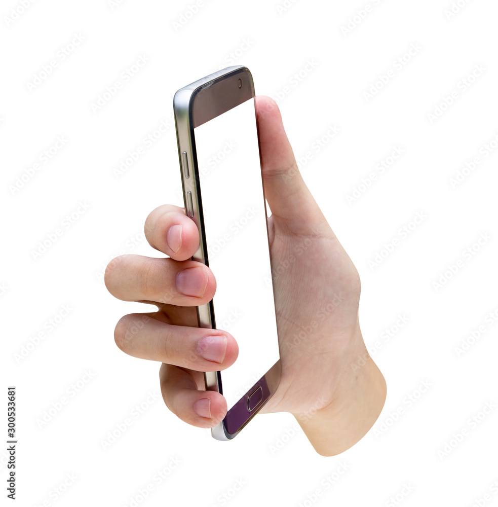 hand holding mobile smart phone  isolated on white background,clipping path