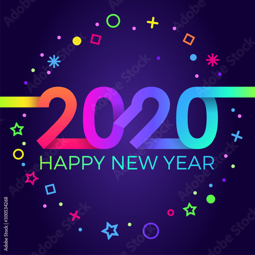 2020 Happy New Year. Paper Memphis geometric bright style for holidays flyers, greetings, invitations, Happy New Year or Merry Christmas cards. Holiday background, poster, banner. Vector Illustration.