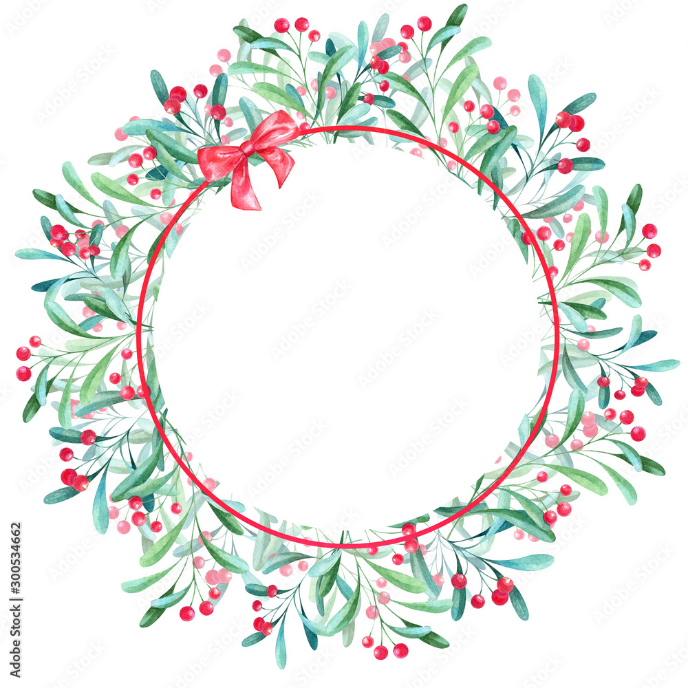 Fototapeta premium Christmas watercolor frame wreath with berries and leaves.