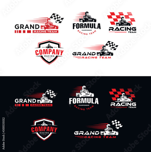 Set of Karting race symbol logo emblem template vector image . Go kart logo Vector . Kart driver sport logo icon.Man drive kart in helmet background design photo
