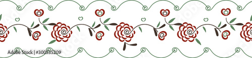 A seamless vector botanical border print with folk roses heartsand leaves. Great for valentines stationery, wedding invitations and romantic cards.