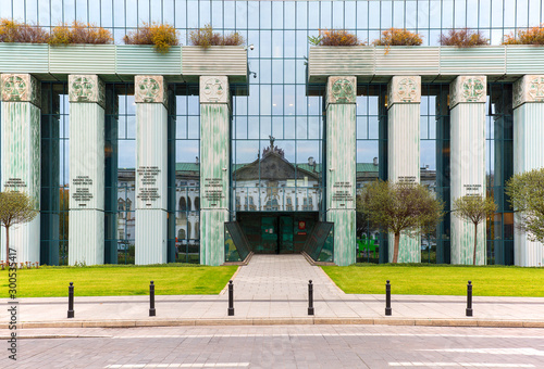 Modern building of Supreme Court of Poland, Columns of Law with sentences, Warsaw, Poland