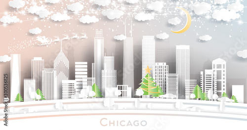 Chicago Illinois USA City Skyline in Paper Cut Style with Snowflakes, Moon and Neon Garland.