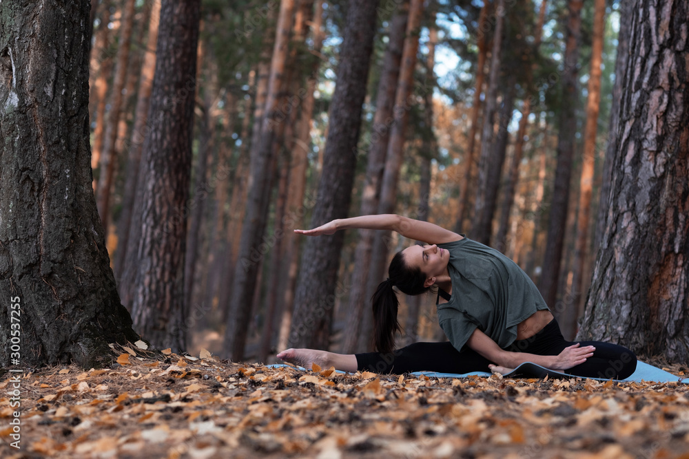 Gorgeous woman in a sports top and leggings stretching lateral muscles in the forest on a yoga mat Gorgeous woman in a sports top and leggings stretching lateral muscles in the forest on a yoga mat