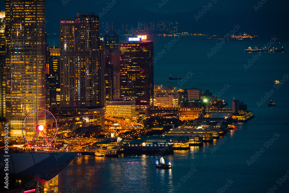 Naklejka premium Hong Kong city at night with light city scape