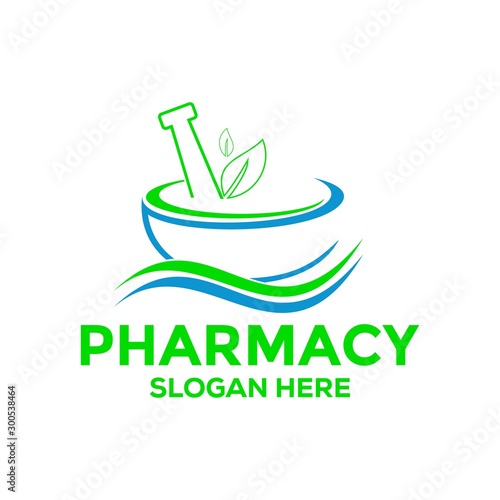herbal logo vector graphic with an icon that consist of mortar, pestle and leaf, Pharmacy logo vector template