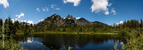 mountain lake landscape with blue sky and clouds