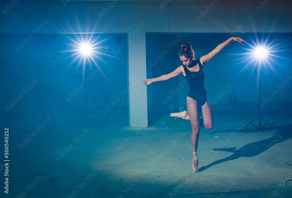 Girl posing in bodysuit and Pointe shoes in smoke