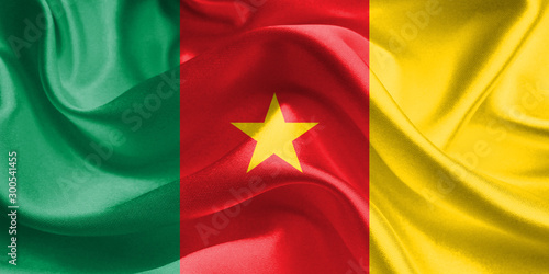 Cameroon Flag. Flag of Cameroon. Waving Kamerun Flags. 3D Realistic Background Illustration in Silk Fabric Texture