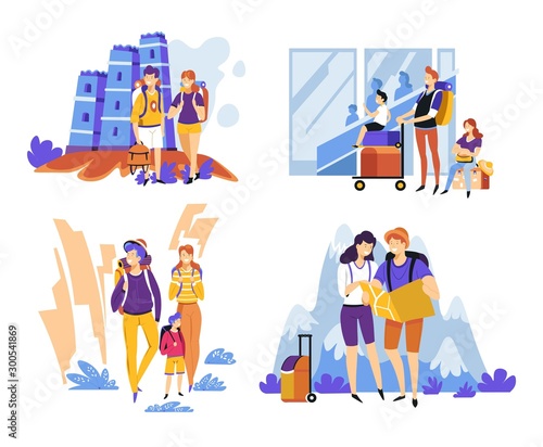 Parents with kid travelling and backpacking with map together