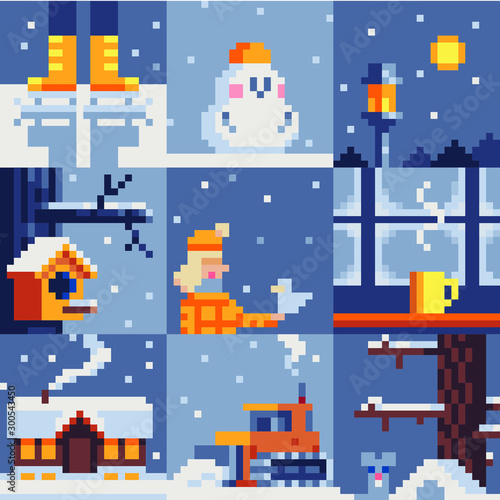 Winter mood pixel art style. Ice skates, snowman, street lamp, birdhouse, girl, cup of tea, house, snow blower and forest, Isolated vector illustration. Game assets. Design for stickers, web, app. 