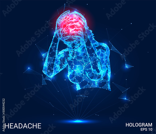 A hologram of a headache. The girl holds the head of polygons, triangles of points and lines. Headache is a low poly joint structure. The technology concept.