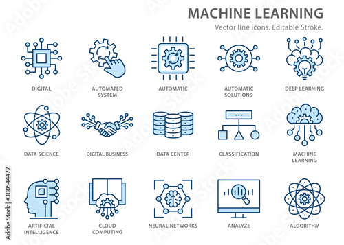 Machine learning line icons set. Vector illustration. Editable stroke.
