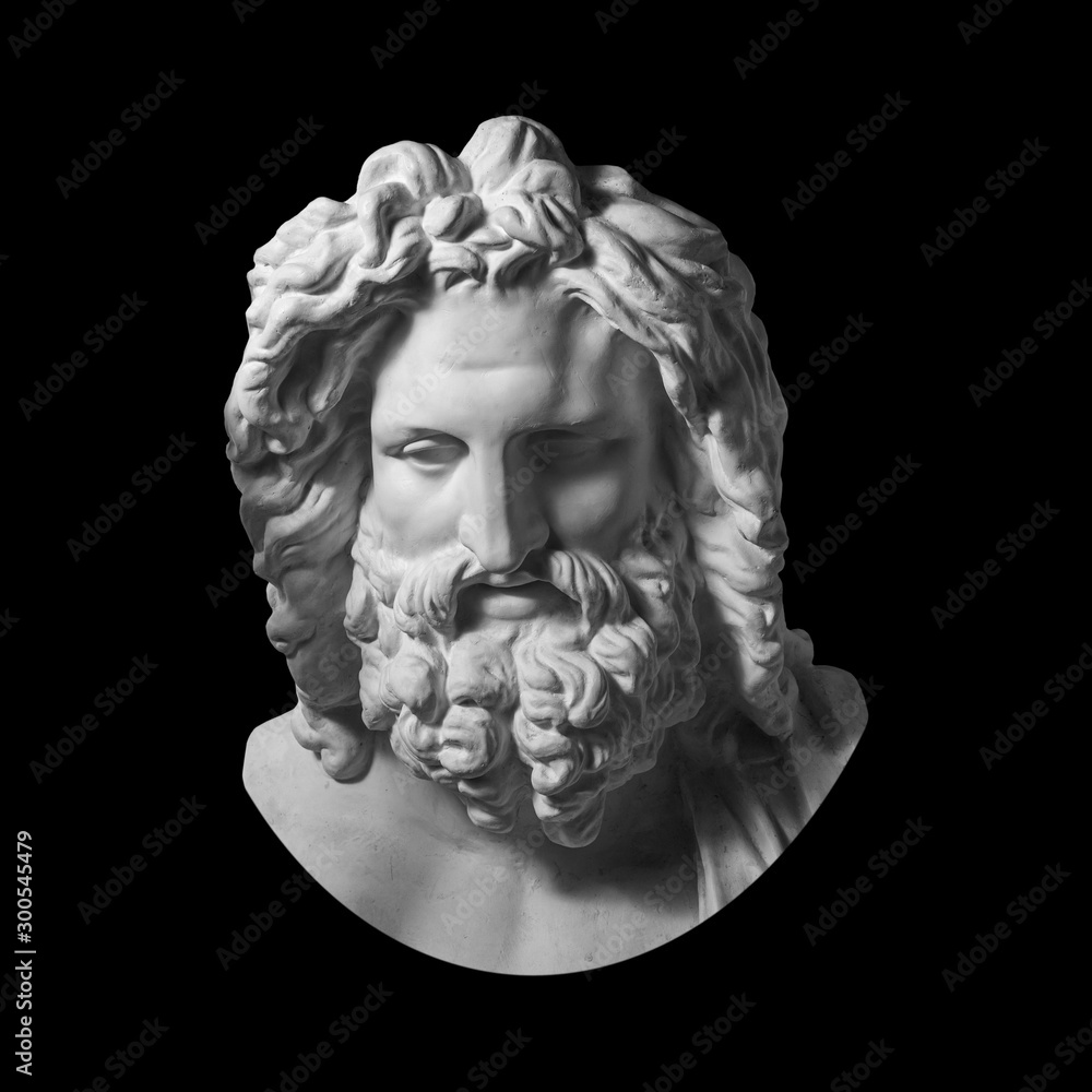 Gypsum copy of antique statue Zeus head isolated on black background
