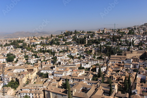 Aerial view of the Albaicin city taken from Tower of the Cubo (Cube Tower) of the historical Alhambra Palace complex in Granada, Andalusia, Spain. © RukiMedia