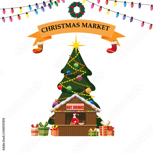 Christmas stall with with food and hot drinks. Big Christmas tree Xmas shop with garlands decorations