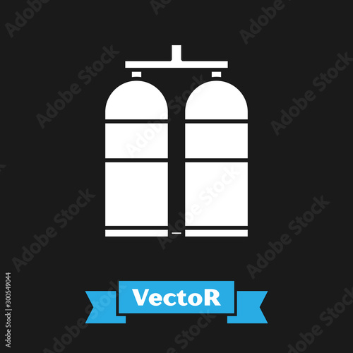 White Aqualung icon isolated on black background. Oxygen tank for diver. Diving equipment. Extreme sport. Diving underwater equipment. Vector Illustration