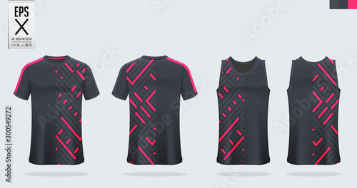 Black-Pink t-shirt sport mockup template design for soccer jersey, football kit, tank top for basketball jersey and running singlet. Sport uniform in front view and back view.  Vector Illustration.