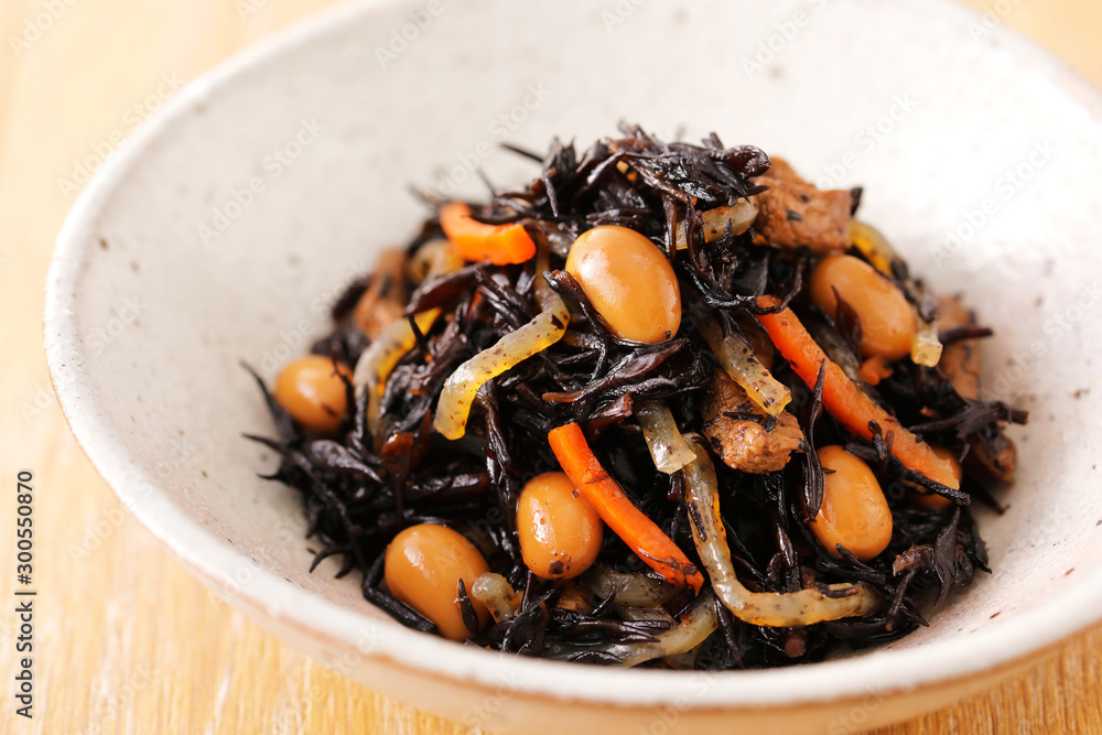 ひじきの煮物 Simmered Hijiki Seaweed and Soybeans, chopped carrot. ひじきの煮物 Simmered Hijiki Seaweed and Soybeans, chopped carrot.