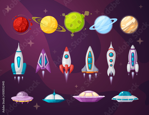 Cosmos and ufo flat vector illustrations set