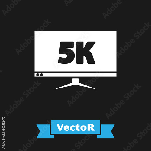 White Computer PC monitor display with 5k video technology icon isolated on black background. Vector Illustration