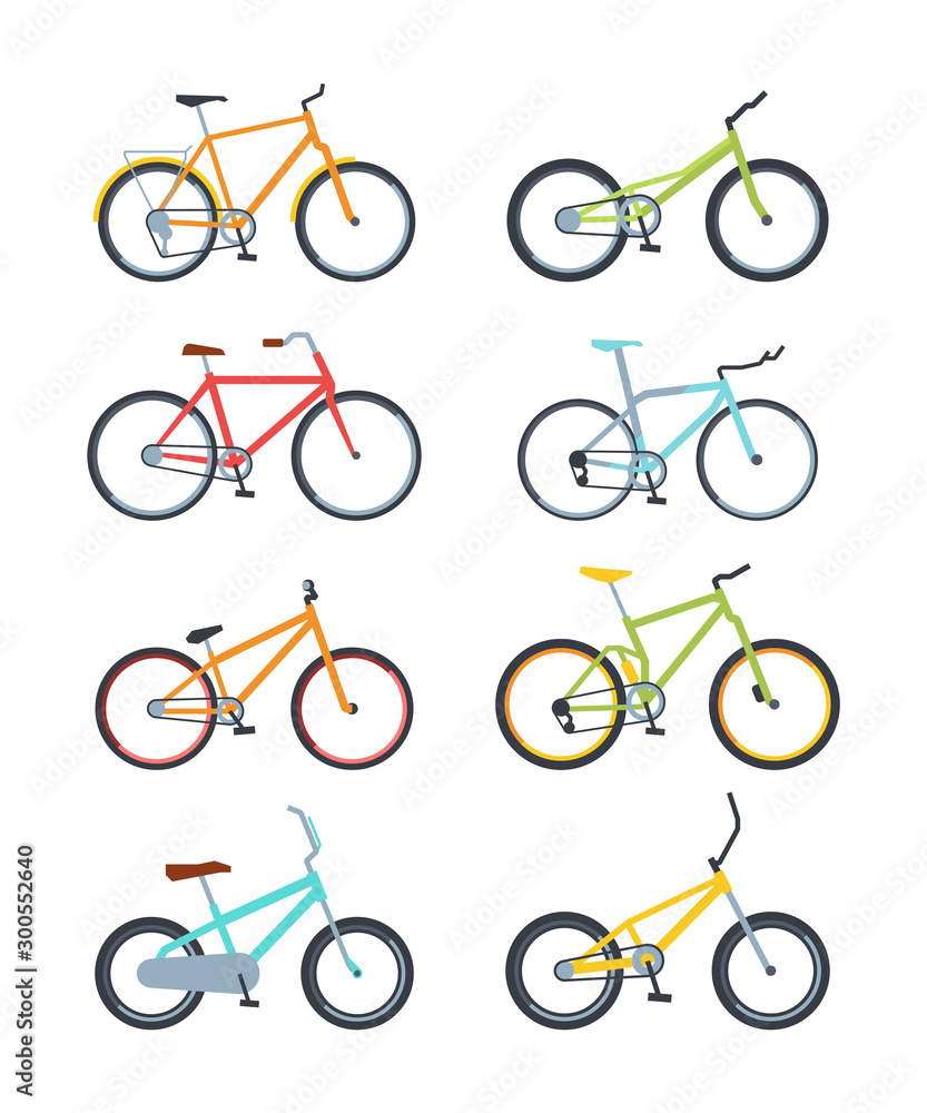Variety of modern bikes flat vector illustrations set Variety of modern bikes flat vector illustrations set