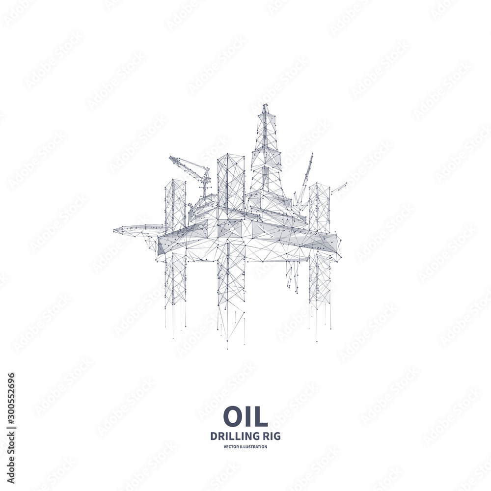 Isolated oil and gas drilling low poly wireframe banner template on white background. Polygonal naphtha industry, earth mining, mineral resource extraction mesh art illustration with connected dots.