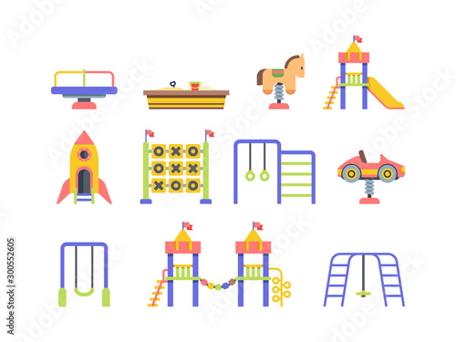 Child playground objects flat vector illustrations set