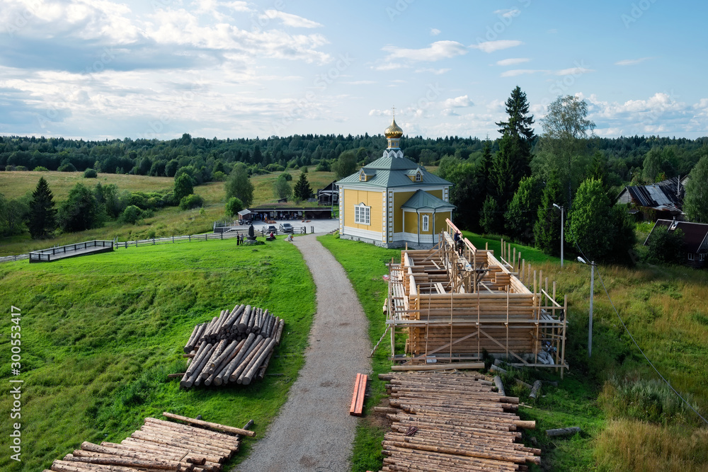 Construction of a new wooden building. Holguin Convent. Russia, Tver Region. The source of the volga river