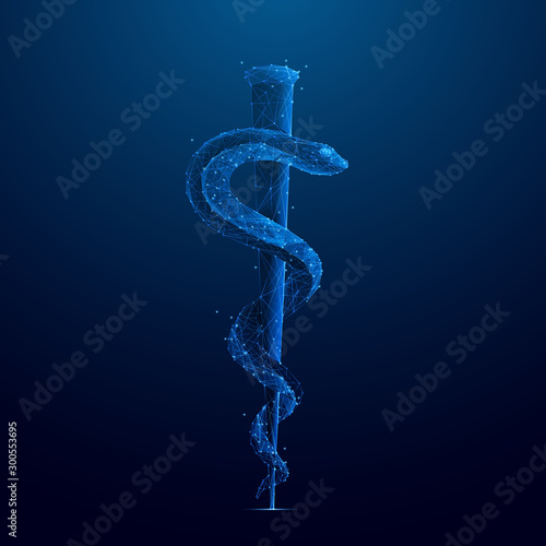 Rod of Asclepius. A serpent-entwined rod wielded. Vector low-poly wireframe illustration on dark blue background. Abstract medical template with connected dots and polygonal shapes.