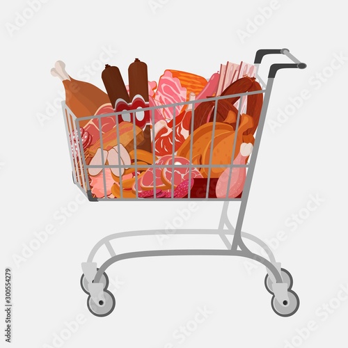 Shopping cart with different meat such as roast chicken and prime rib, sausage, salami and ham, sirlon, bacon, sucuk and smoked meat, turkey and t-bone steak